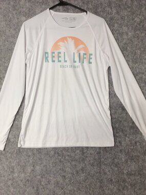 Reel Life Women's L White Beach or Bust UV Protective Shirt Fishing Thumb Hole